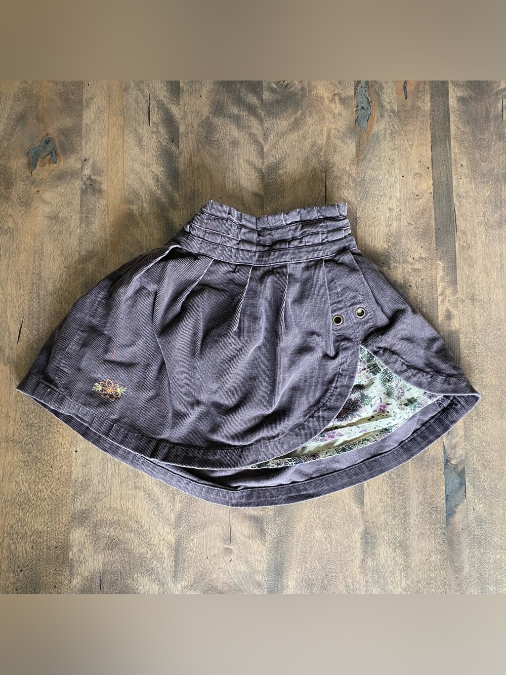 Girls Dark Gray Corduroy Skirt with Floral Detail